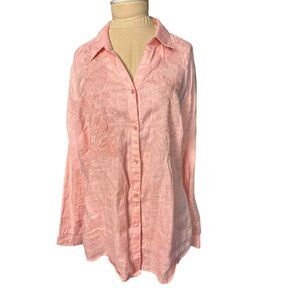 Charter Club Coral Pink Linen Embroidered Button Down Size XL